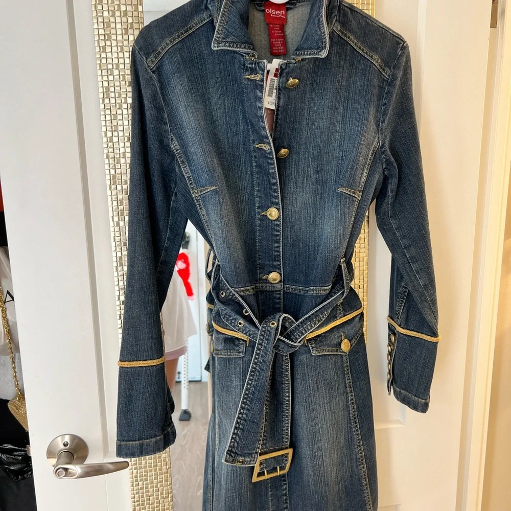 OLSEN EUROPE BLUE AND GOLD DENIM TRENCH COAT… SIZE 38… NEW WITH TAGS. - Picture 7 of 16